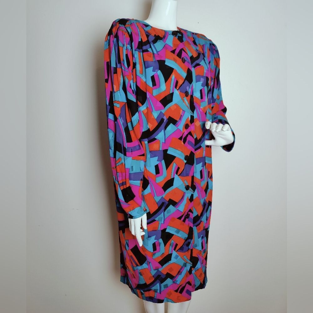 VTG 80s Miss Magnin i.magnin Silk Abstract Print Puff Sleeve Shift Dress, Sz 8